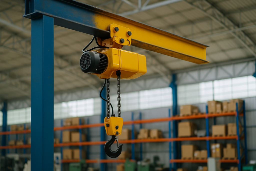 Polipasto eléctrico instalado sobre riel en obra de construcción residencial.