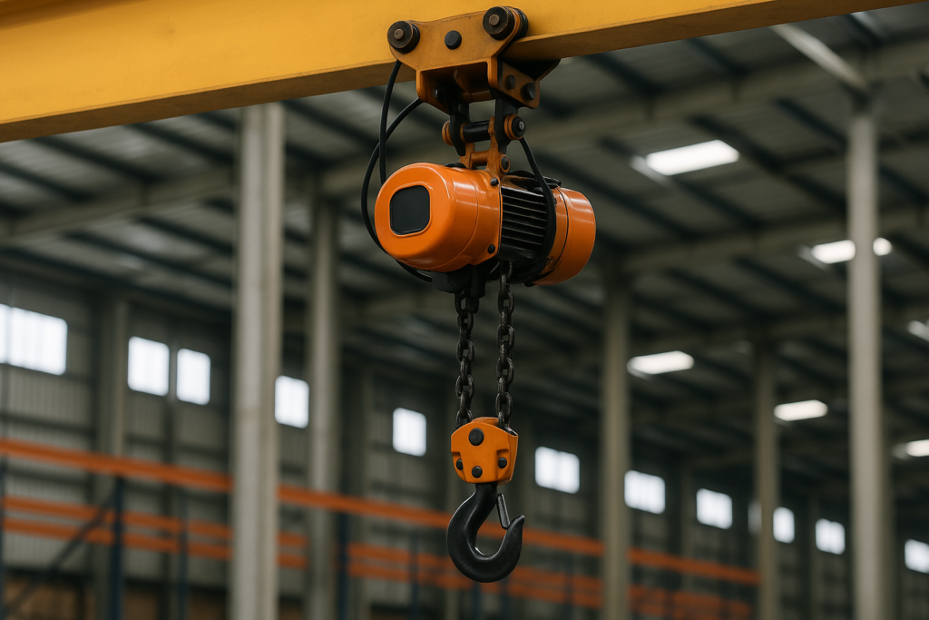 Polipasto de cadena industrial suspendido en riel dentro de una nave industrial.