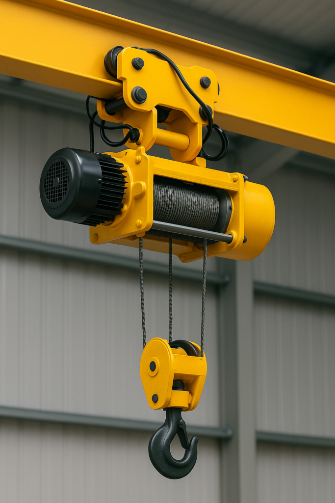 Polipasto de cable industrial amarillo con gancho y tambor de acero, montado en riel.