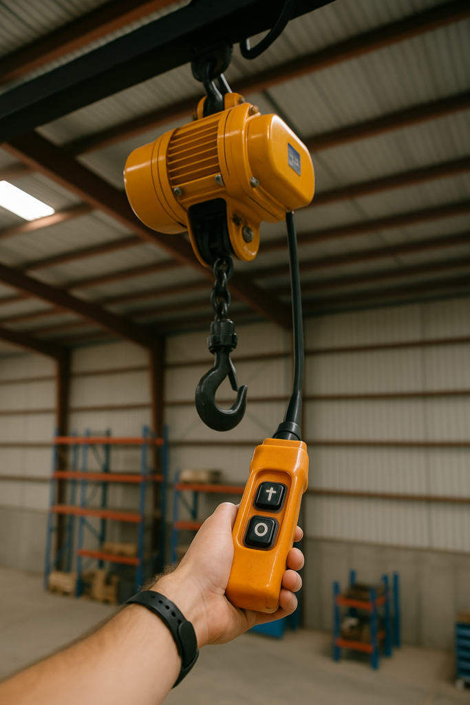 Perspectiva en primera persona operando una botonera de polipasto eléctrico dentro de una nave industrial.