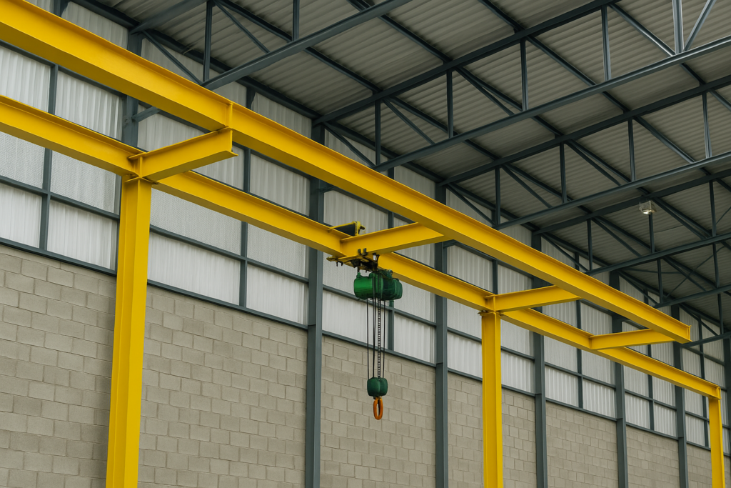 Estructura de monorrieles y guías amarillas instaladas en una nave industrial con polipasto eléctrico.