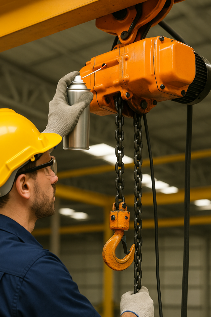 Técnico aplicando lubricante a la cadena de un polipasto eléctrico durante mantenimiento preventivo en nave industrial.