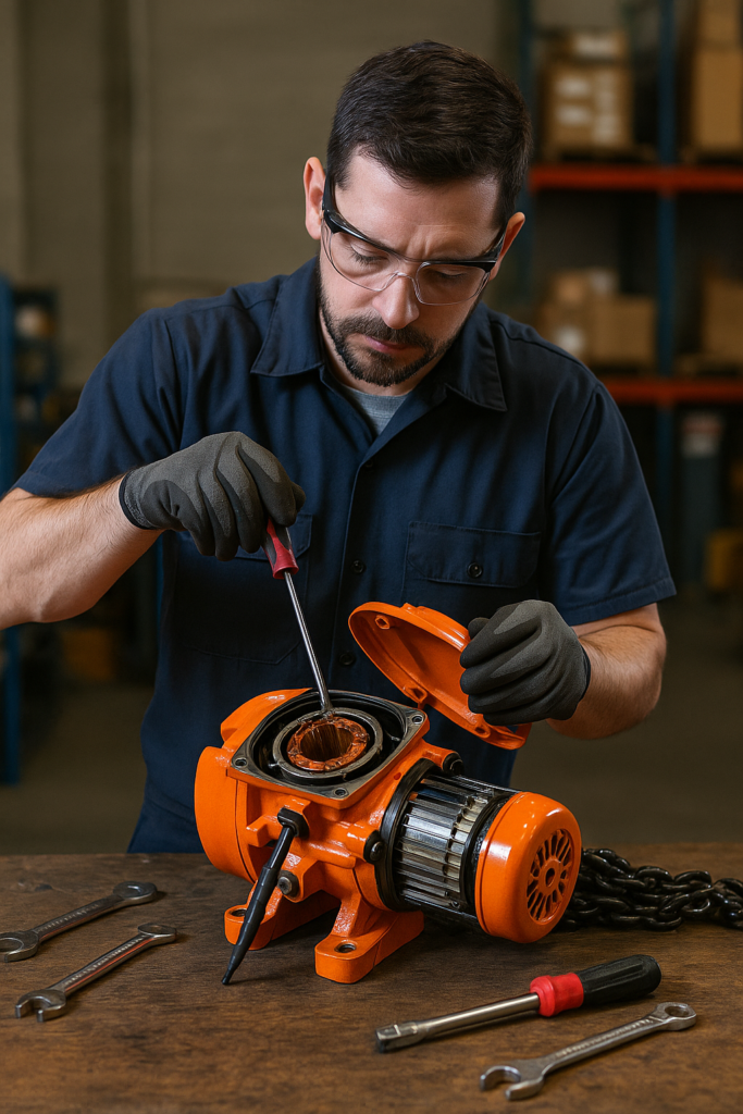 Técnico reparando un polipasto eléctrico naranja con el motor abierto sobre una mesa de trabajo en taller industrial.