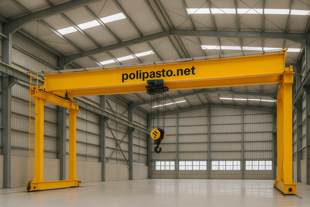 Grúa viajera amarilla instalada en nave industrial con polipasto eléctrico y estructura metálica